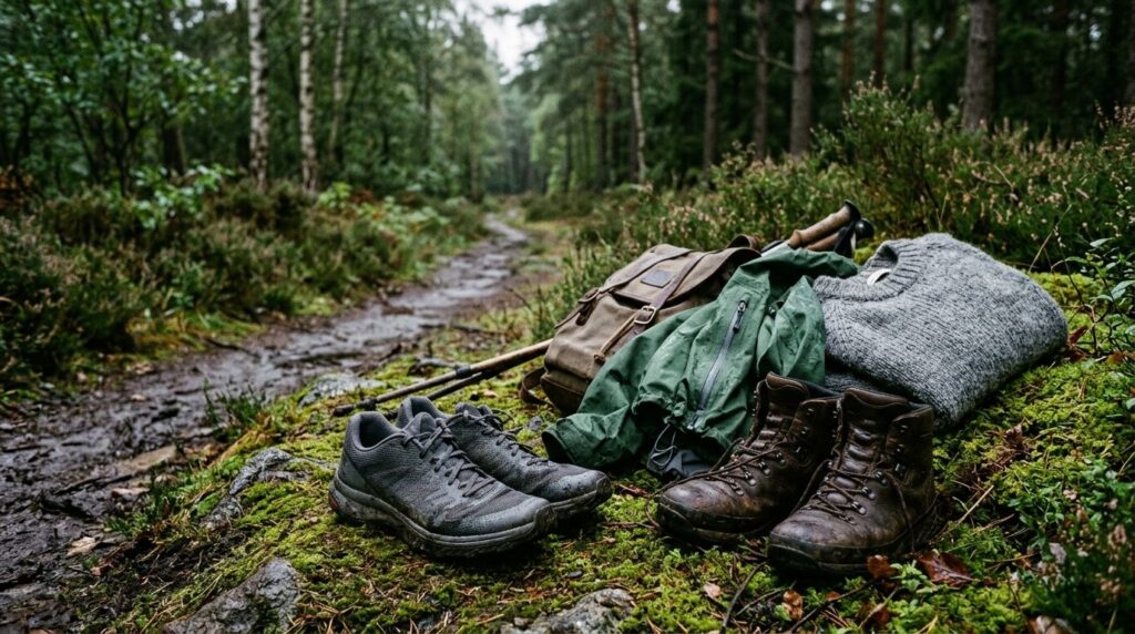 Grå sneakers og vandrestøvler på en mosbevokset skovsti med vådt løv i regnvejr.