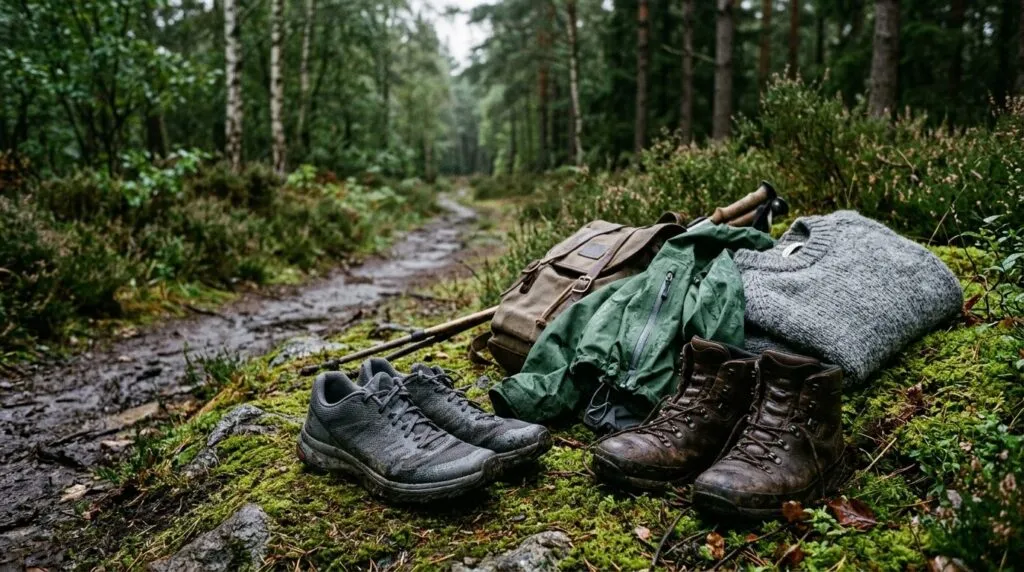Grå sneakers og vandrestøvler på en mosbevokset skovsti med vådt løv i regnvejr.